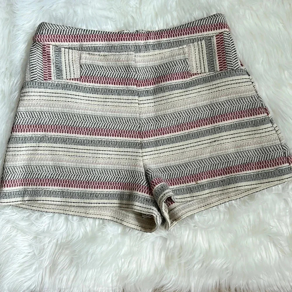 BCBG High waisted striped shorts size 4 cream, red, tan, and black striped
